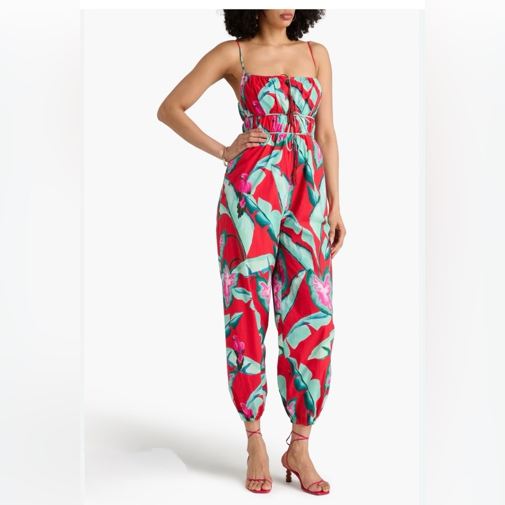 FARM Rio Red Tropical Strapless Jumpsuit with Aqua & Pink Leaves